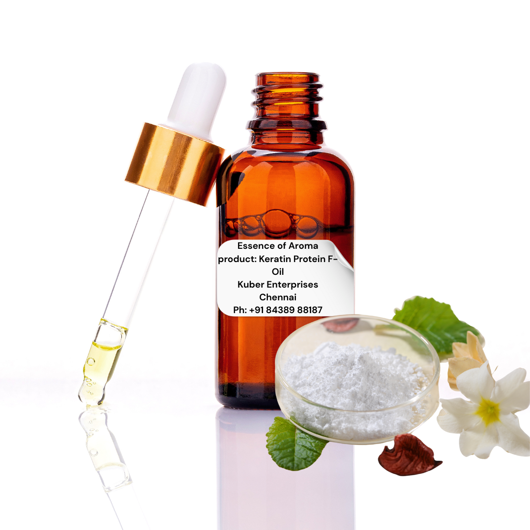 keratin protein fragrance oil bottle with dropper and white label on a white background