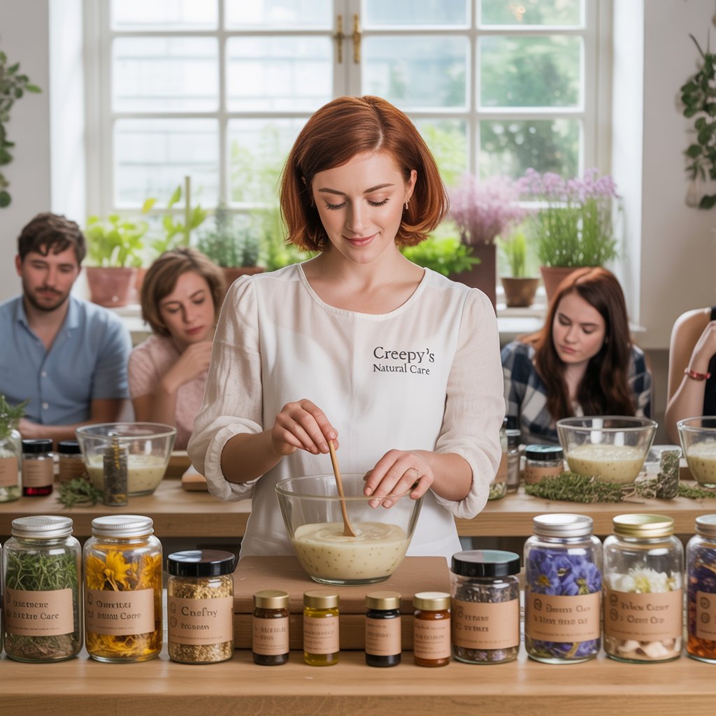 Woman in a white shirt with 'Creepy's Natural Care' logo mixing ingredients in a bowl surrounded by various jars on a wooden table.