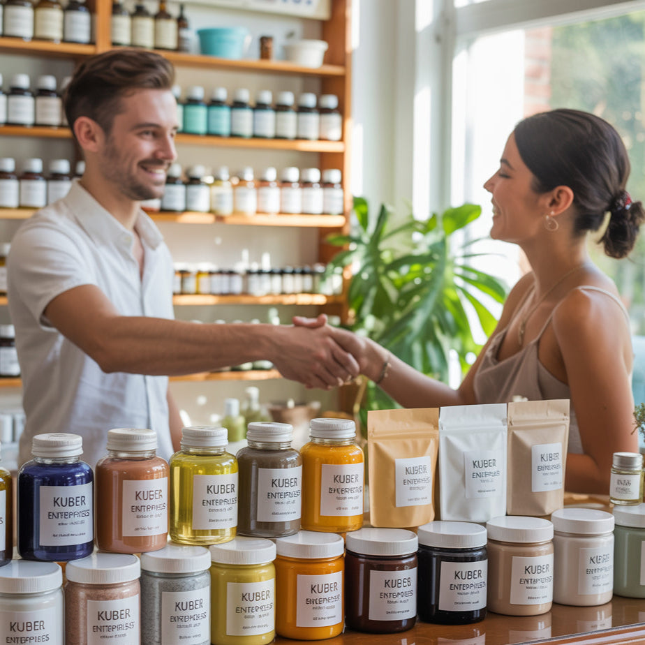 Man and woman shaking hands in a store with KUBER Naturals products on display.