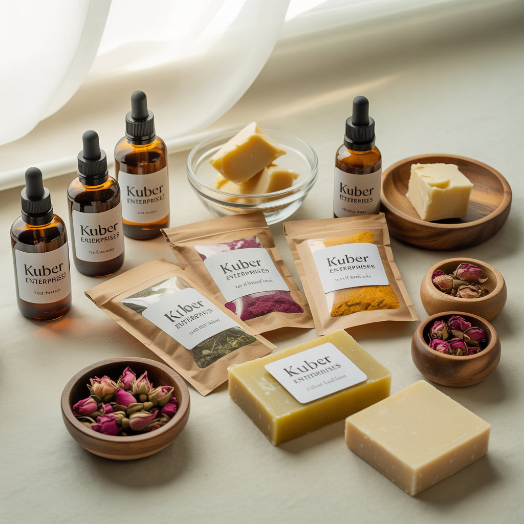 Collection of Kuber Naturals products including bottles, soaps, and bags on a light background