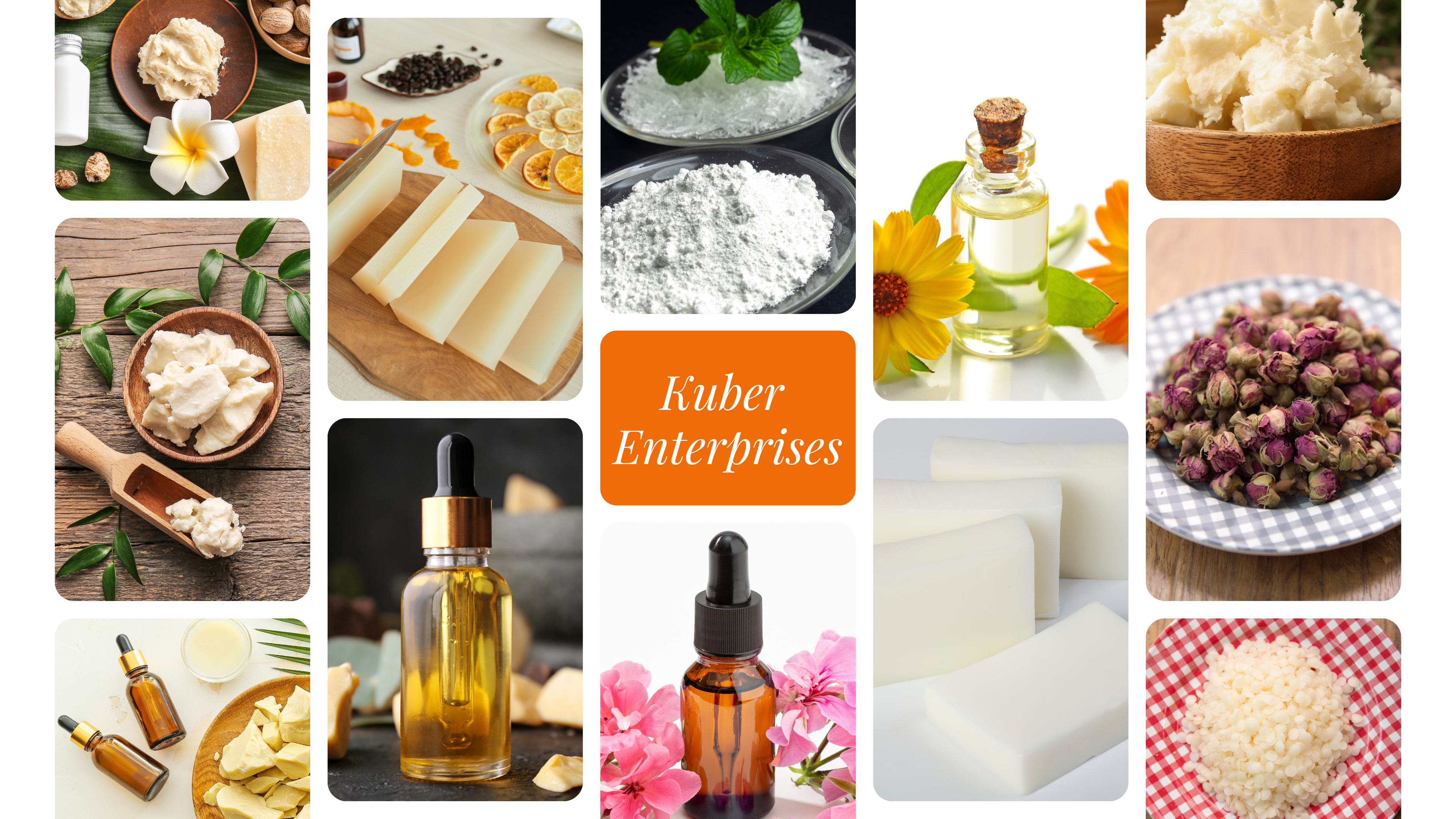 Collage of various skincare and wellness products with 'Kuber Enterprises' branding.
