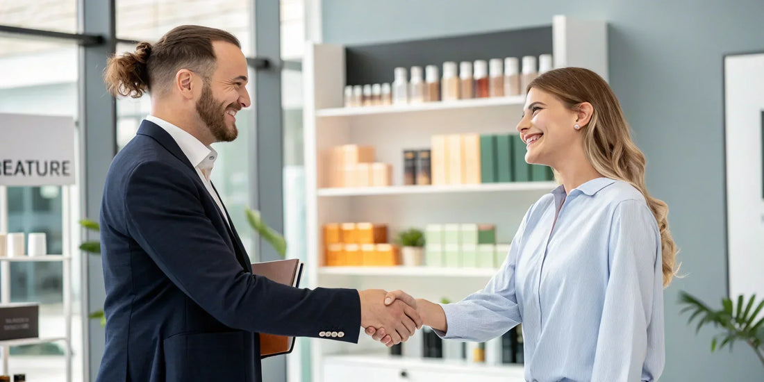 cosmetic raw material supplier shaking hand with the customer