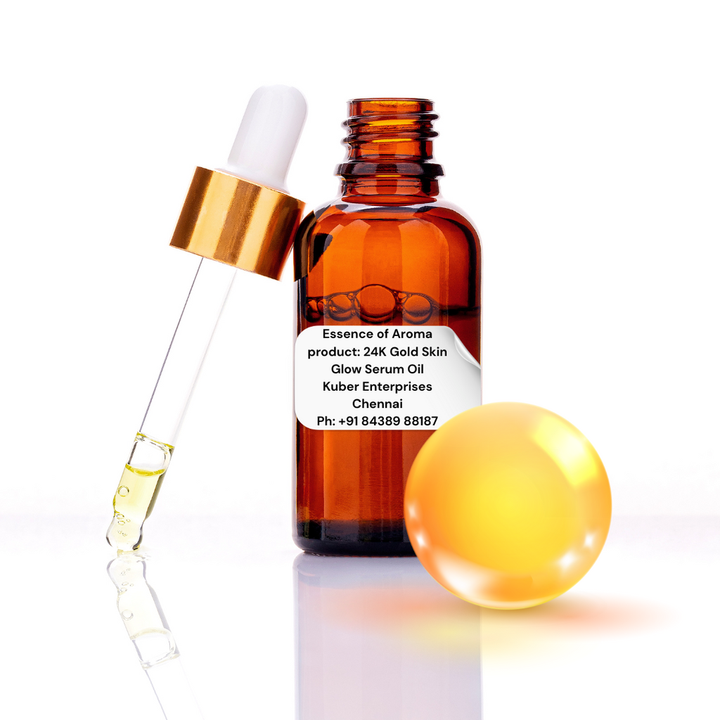 24k gold skin glow serum oil bottle with dropper on a white background