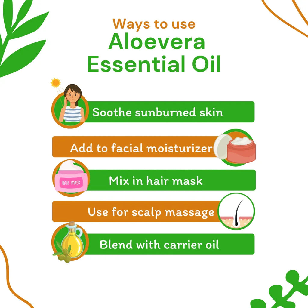 Infographic on ways to use aloe vera essential oil with icons and text.