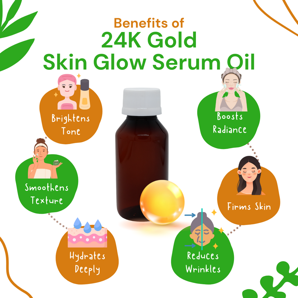 24K Gold Skin Glow Serum Oil with benefits listed on a white background