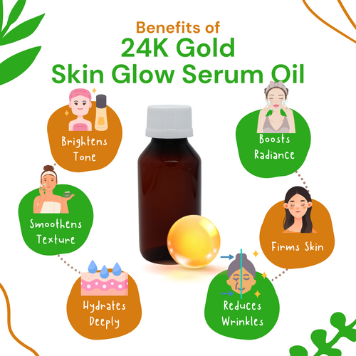 24K Gold Skin Glow Serum Oil with benefits listed on a white background
