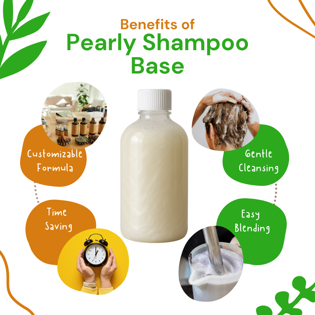 Pearly Shampoo Base with benefits listed on a white background
