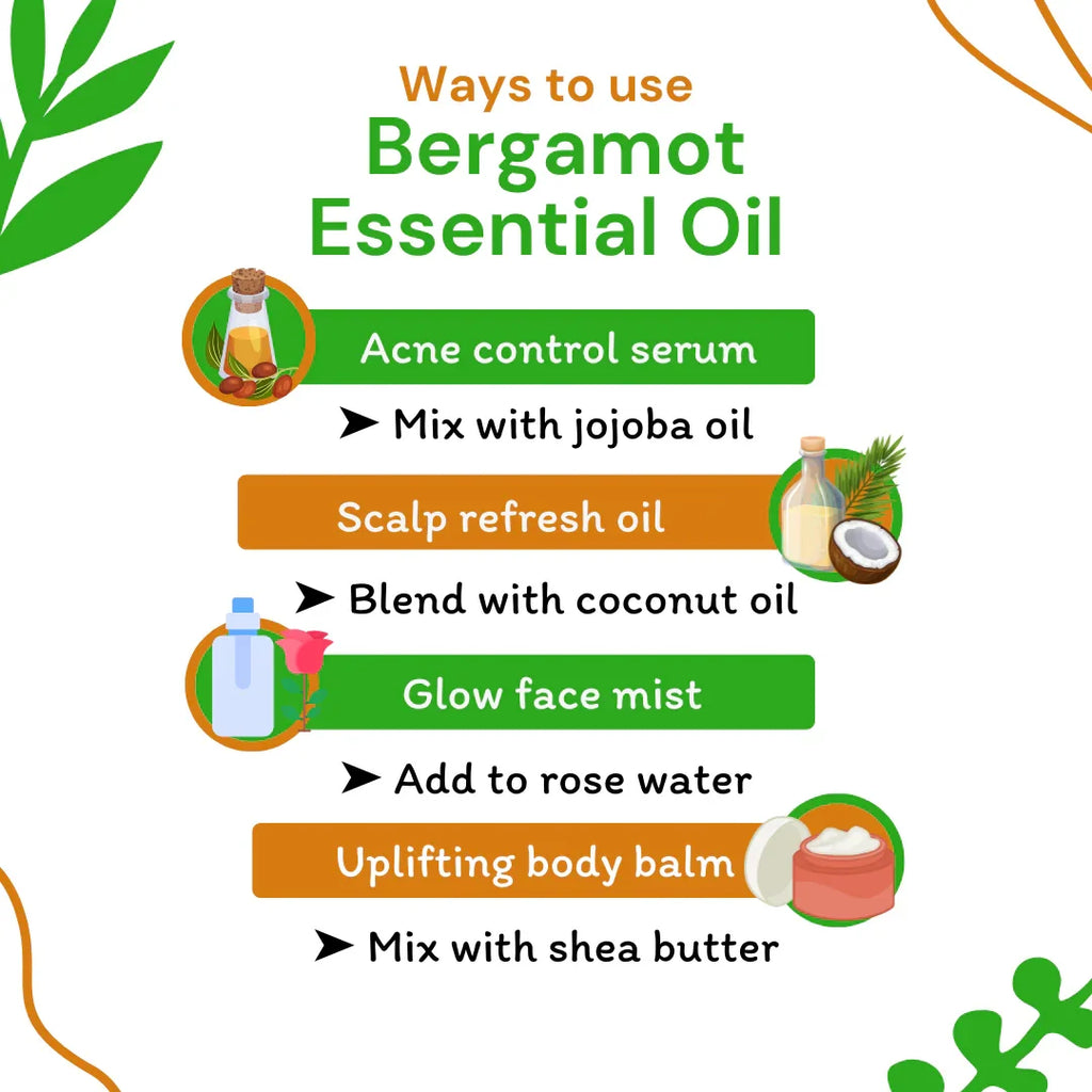 Infographic on ways to use bergamot essential oil with icons and text.