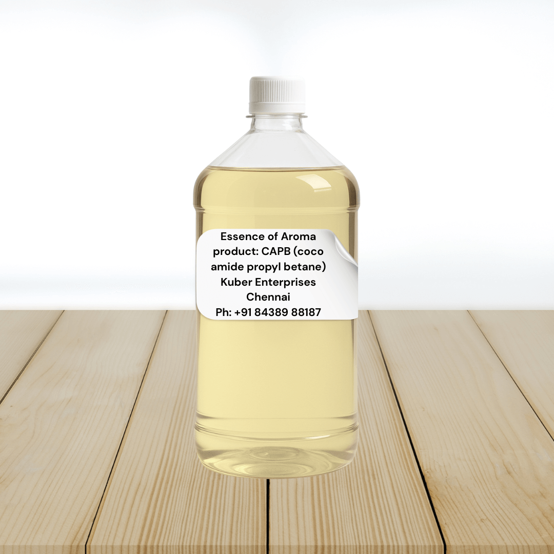 Bottle of CAPB (cocamidopropyl betaine) product on a wooden surface with a white background