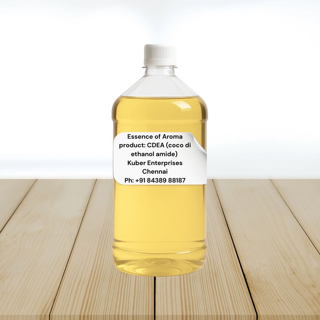 CDEA (coco di ethanol amide) Bottle of 'Essence of Aroma' on a wooden surface with a white background