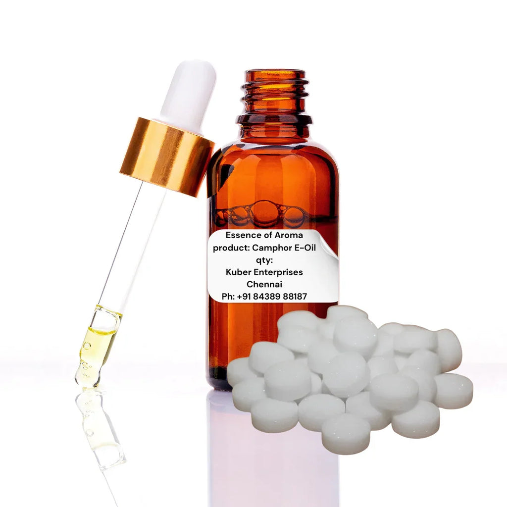 camphor essential oil bottle with dropper and white pearls on a white background