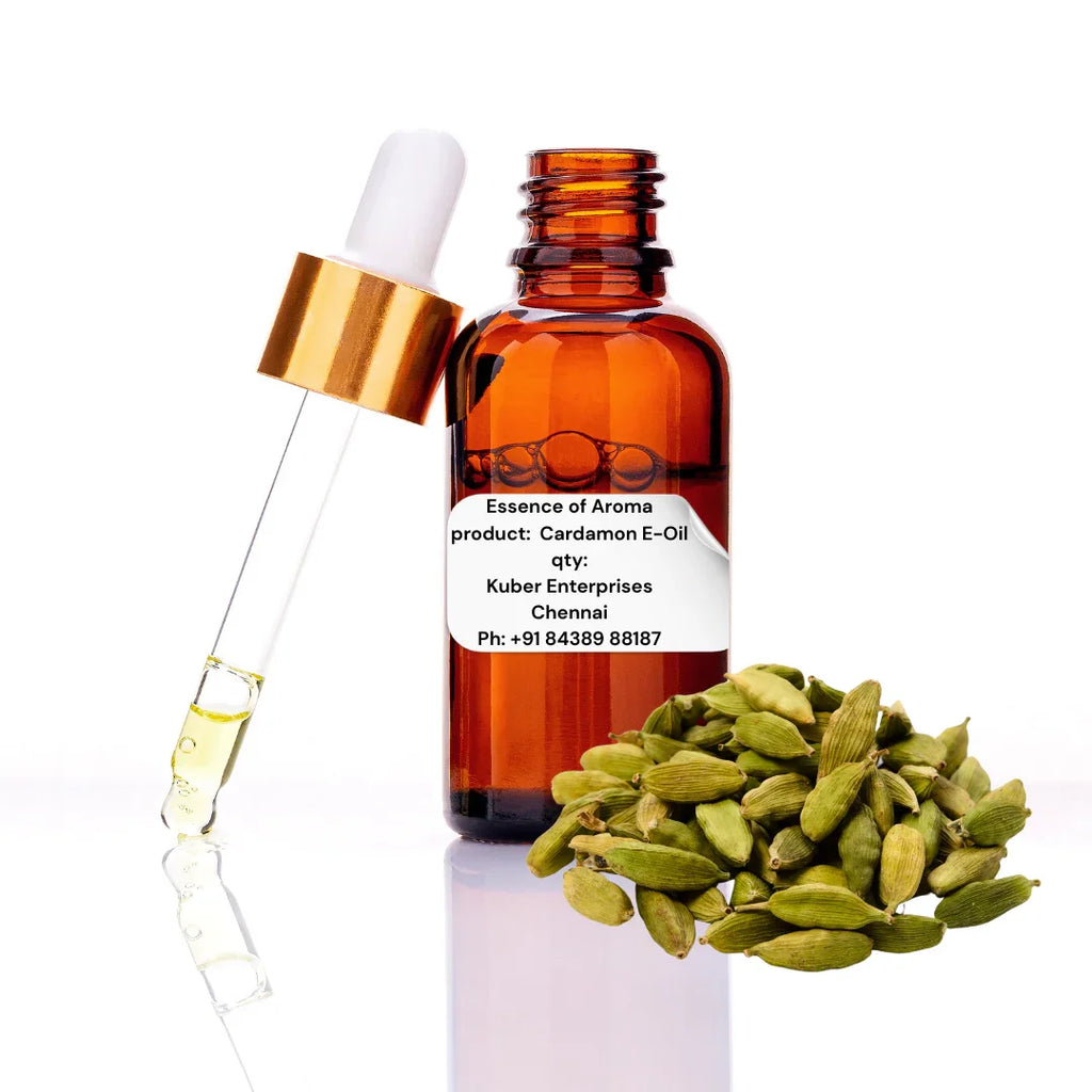 cardamom essential oil bottle with dropper and cardamom pods on a white background