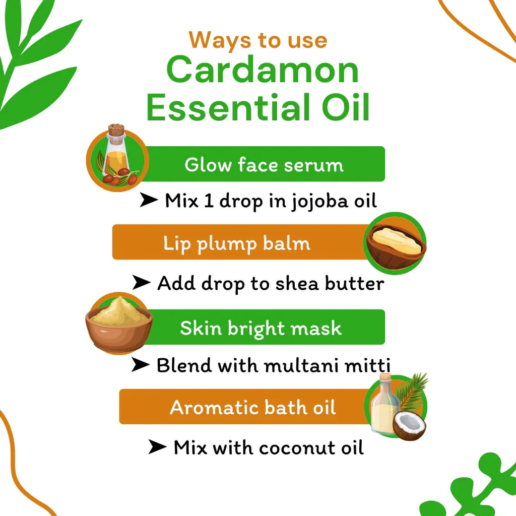 Infographic on ways to use cardamom essential oil with step-by-step instructions.