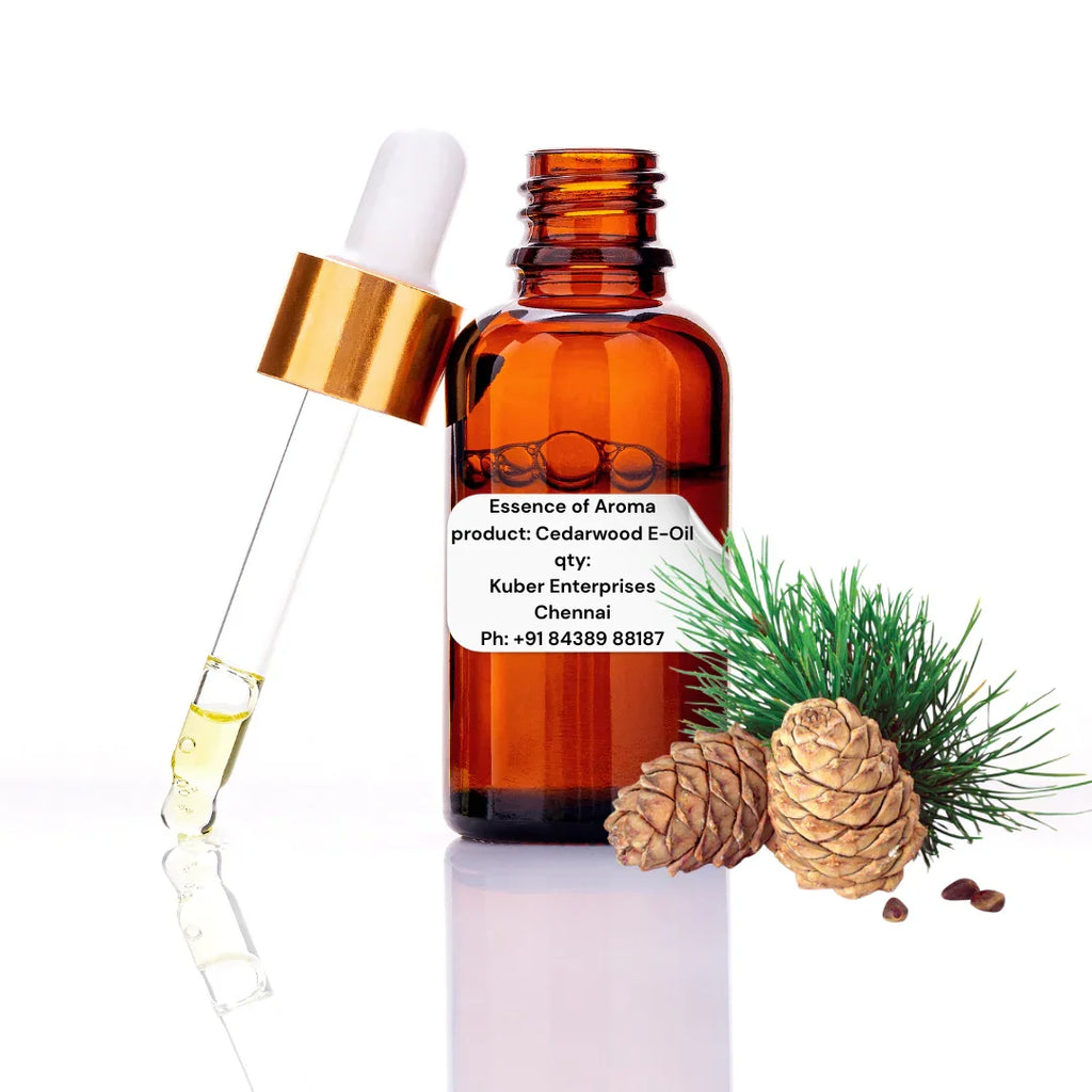 cedarwood essential oil bottle with dropper and cedarwood leaves on a white background