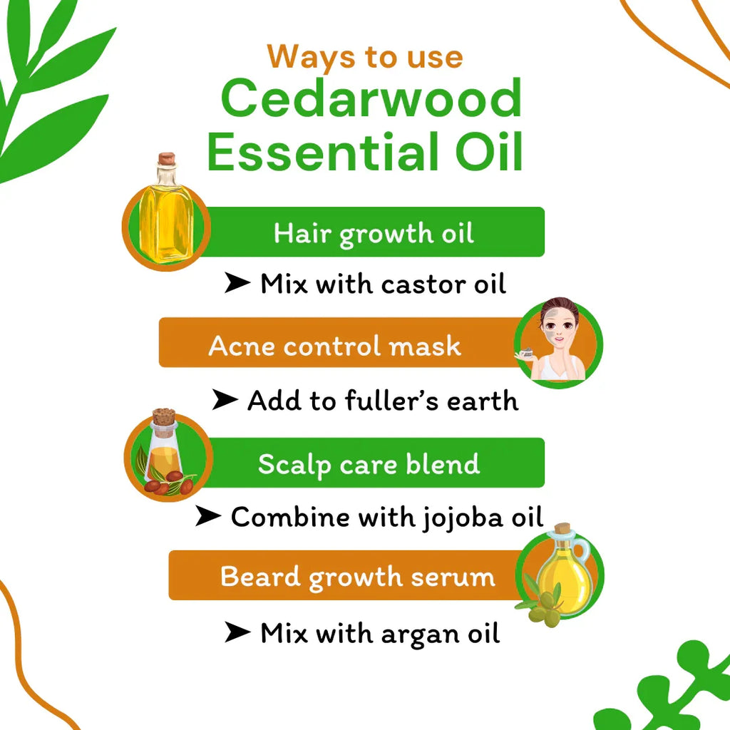 Infographic on ways to use Cedarwood Essential Oil with icons and text.
