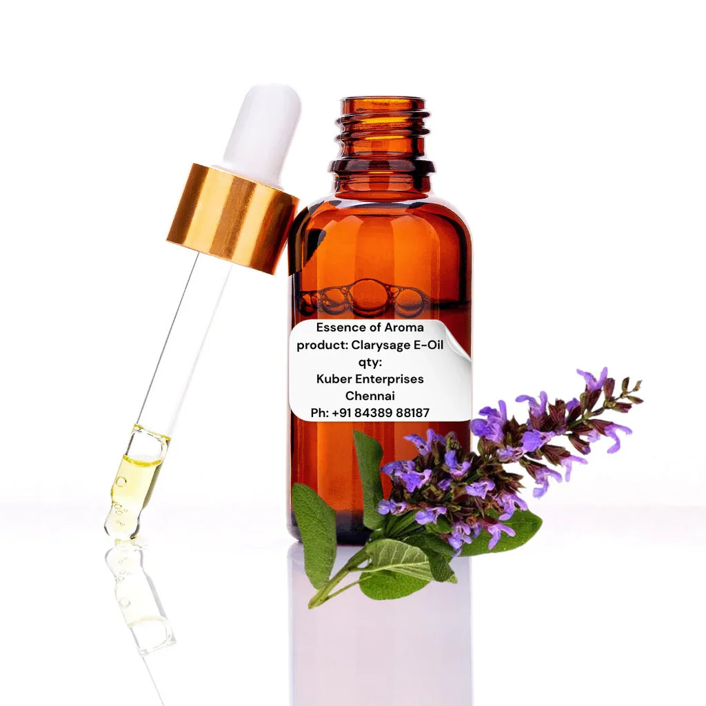 Essence of Aroma Clarysage E-Oil bottle with dropper and lavender flowers on a white background