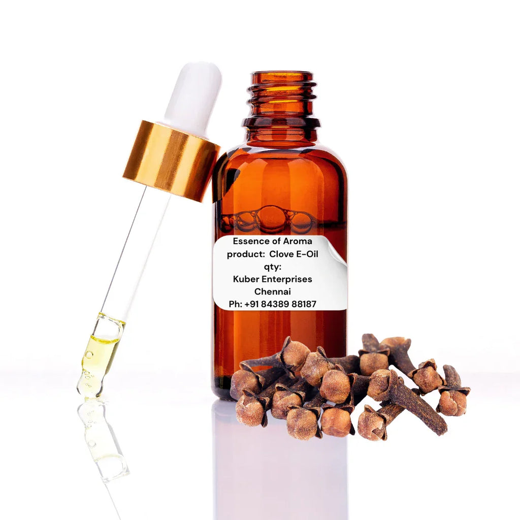 Clove essential oil bottle with dropper and clove buds on a white background