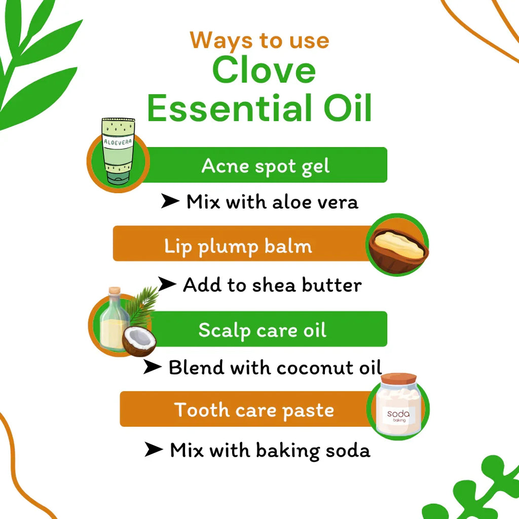 Infographic on ways to use clove essential oil with icons and text.
