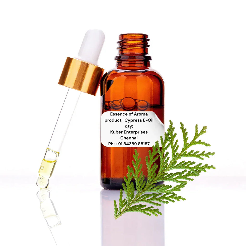 cypress essential oil bottle with dropper and Cypress E-Oil label on a white background