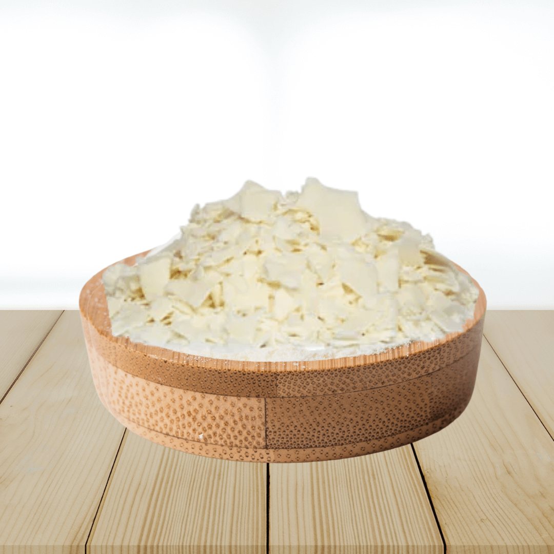 Wooden bowl filled with EGMS-ethylene Glycol monostearate on a wooden surface
