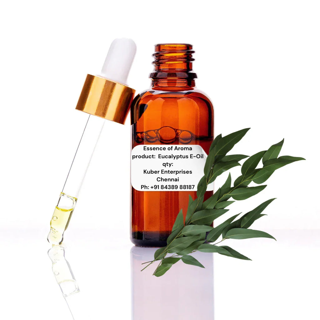 eucalyptus essential oil bottle with dropper and eucalyptus leaves on a white background
