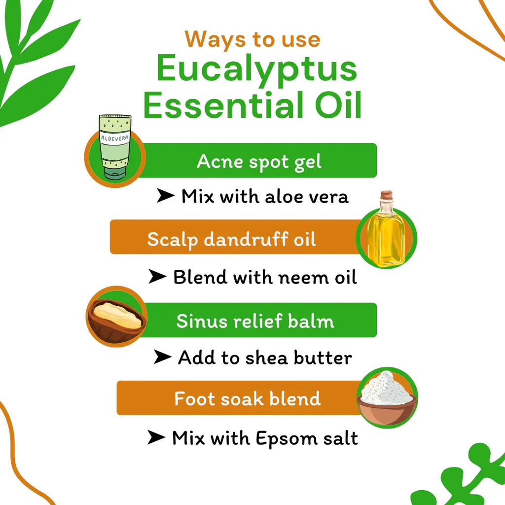 Infographic on ways to use Eucalyptus Essential Oil with icons and text.