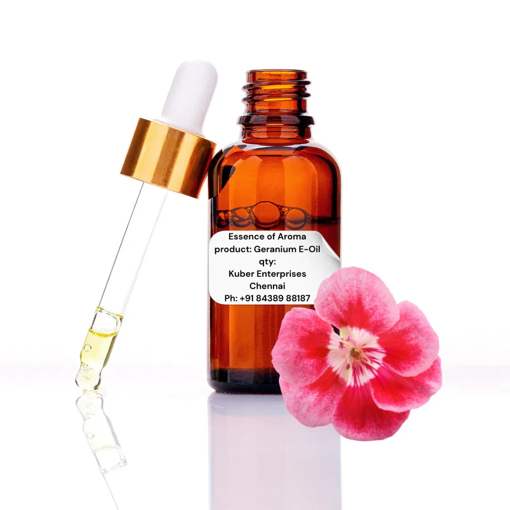 geranium Essential oil dropper and bottle with a pink flower on a white background
