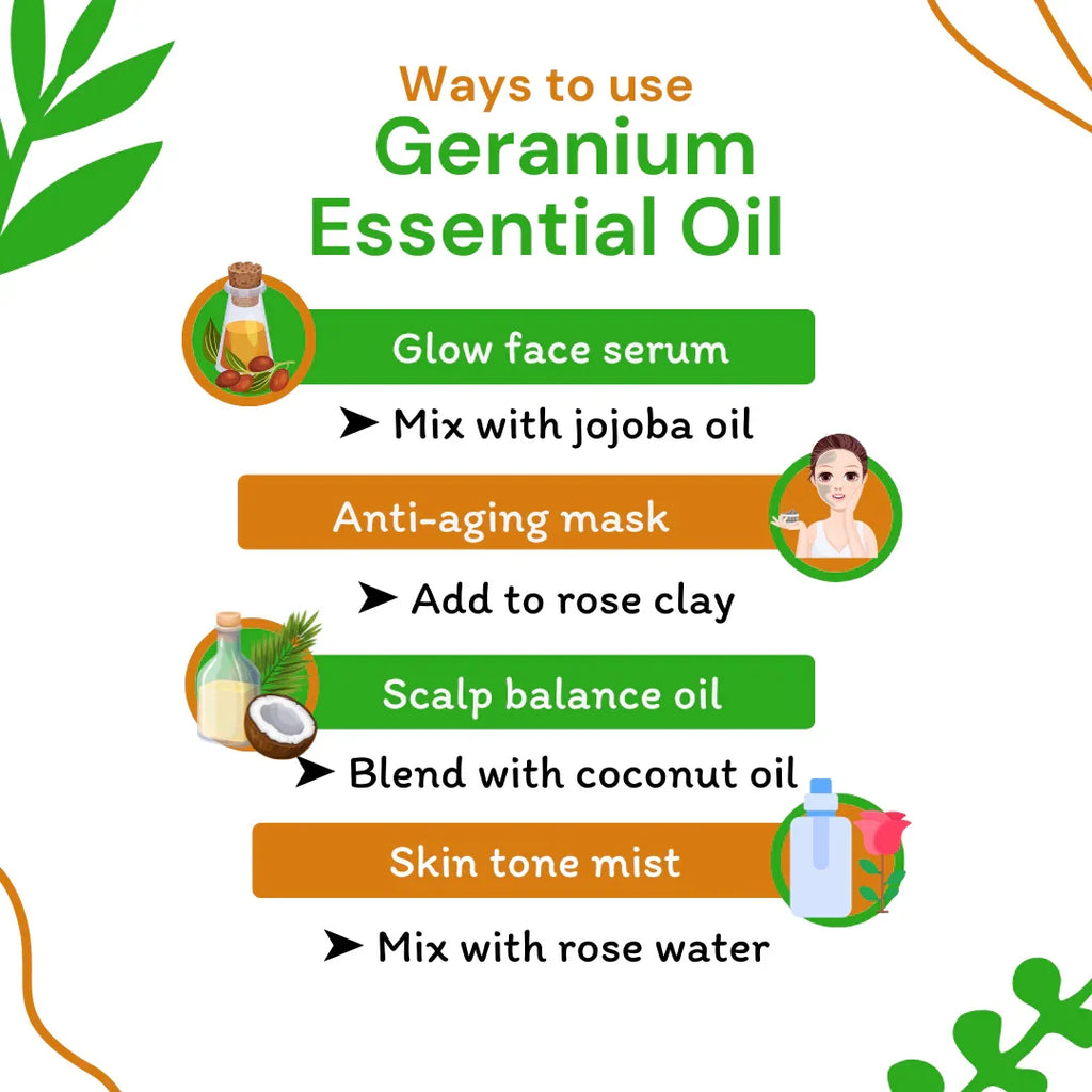 Infographic on ways to use geranium essential oil with icons and text.