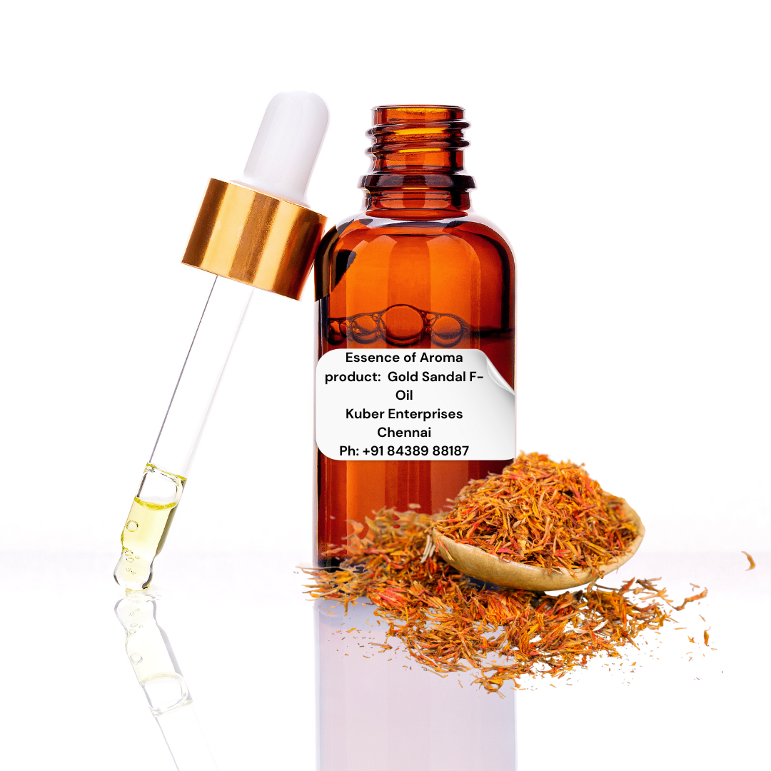 gold sandal fragrance oil bottle with dropper and gold cap, surrounded by dried sandalwood pieces
