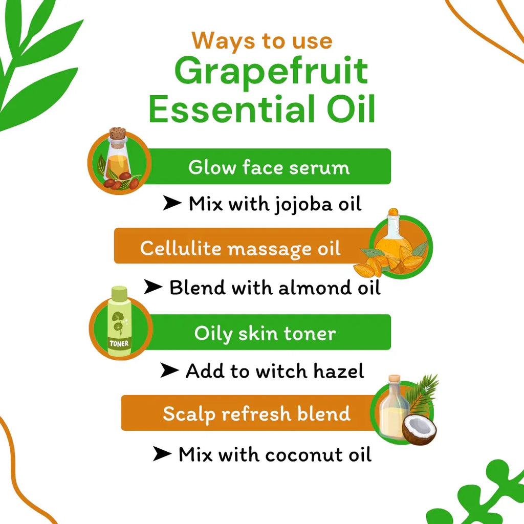 Grapefruit essential oil usage guide with icons and text on a white background