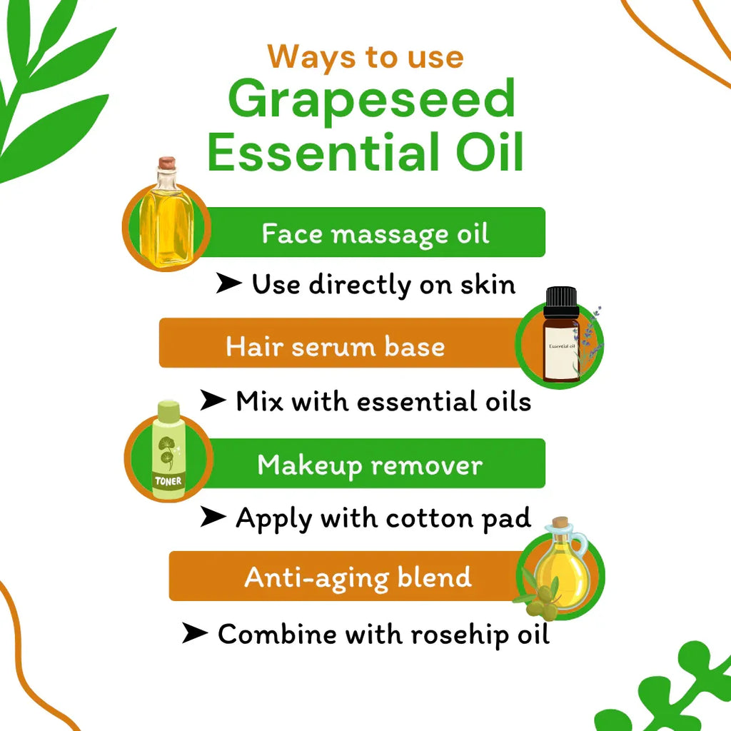Grapeseed essential oil usage guide with icons and text on a white background