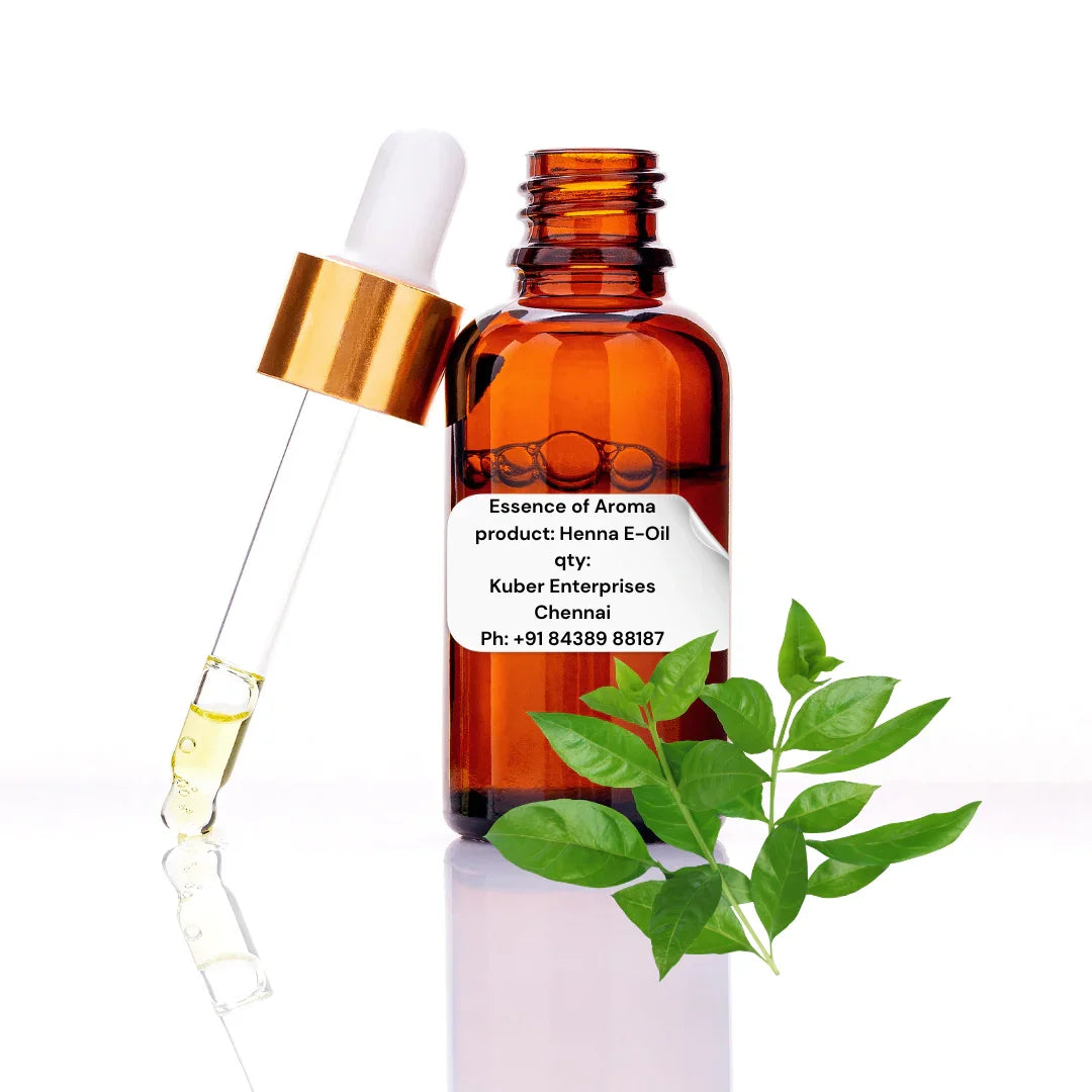 Henna essential oil bottle with dropper and leaves on a white background