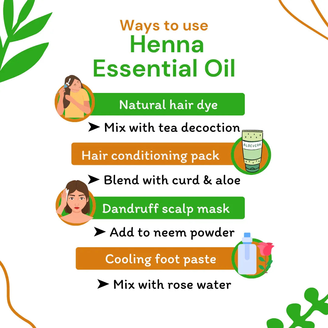 Infographic on ways to use Henna Essential Oil with icons and text.