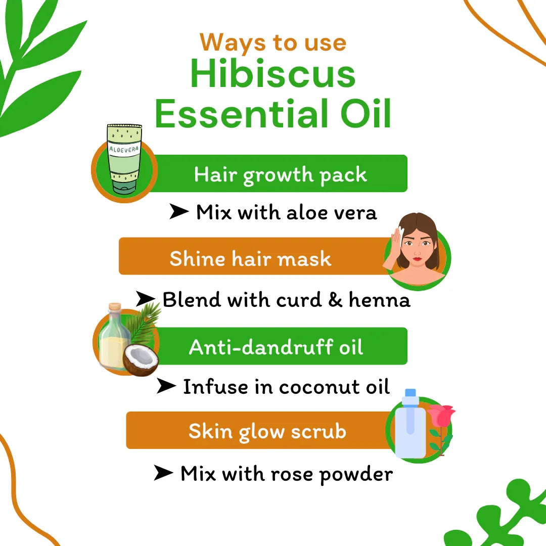 Infographic on ways to use hibiscus essential oil with icons and text.