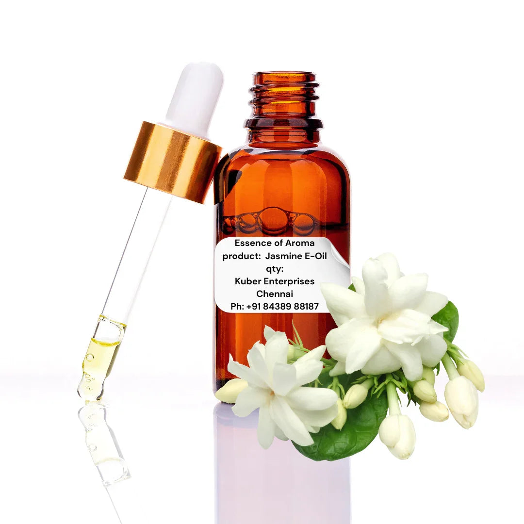 Essence of Aroma Jasmine E-Oil bottle with dropper and jasmine flowers on a white background