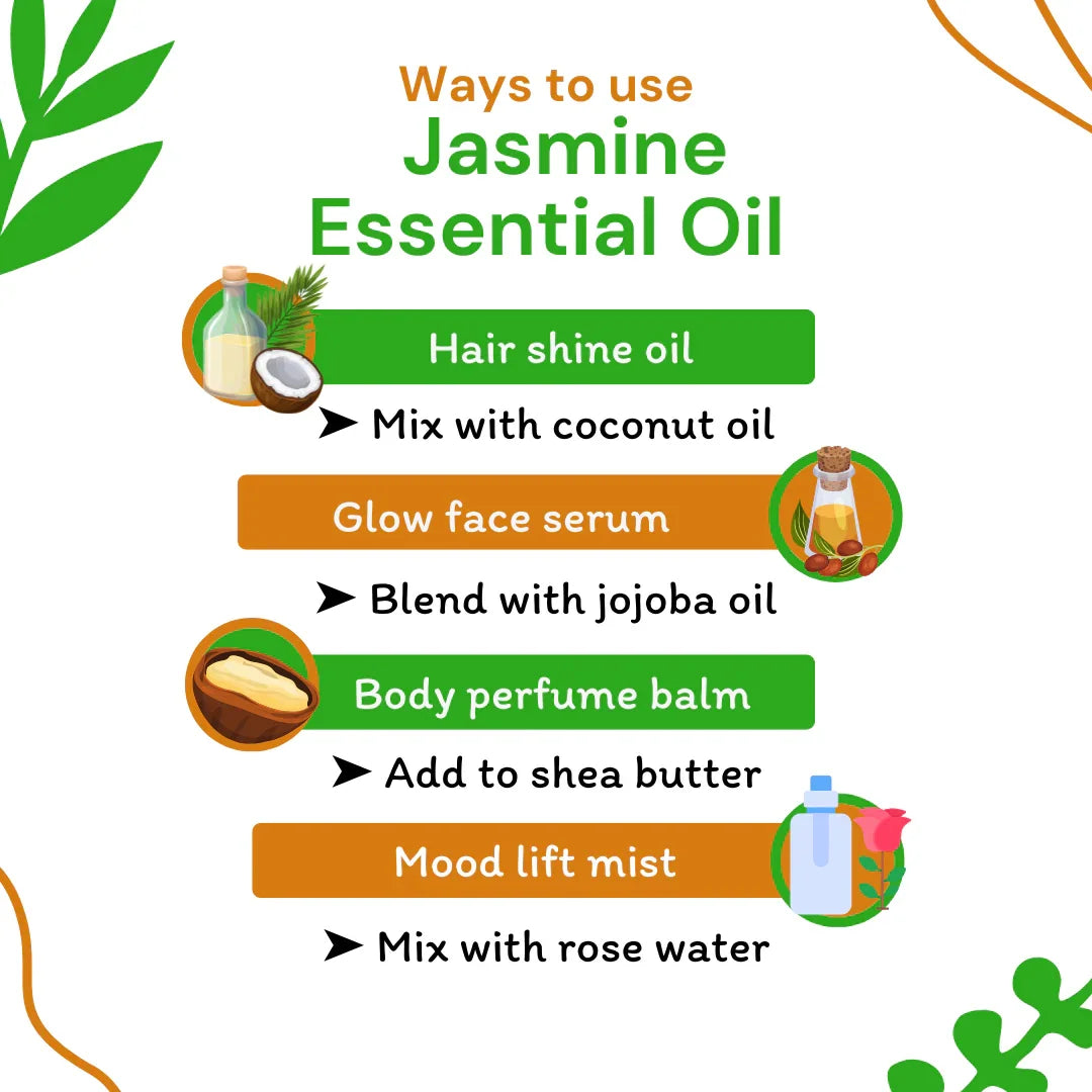 Infographic on ways to use jasmine essential oil with icons and text.