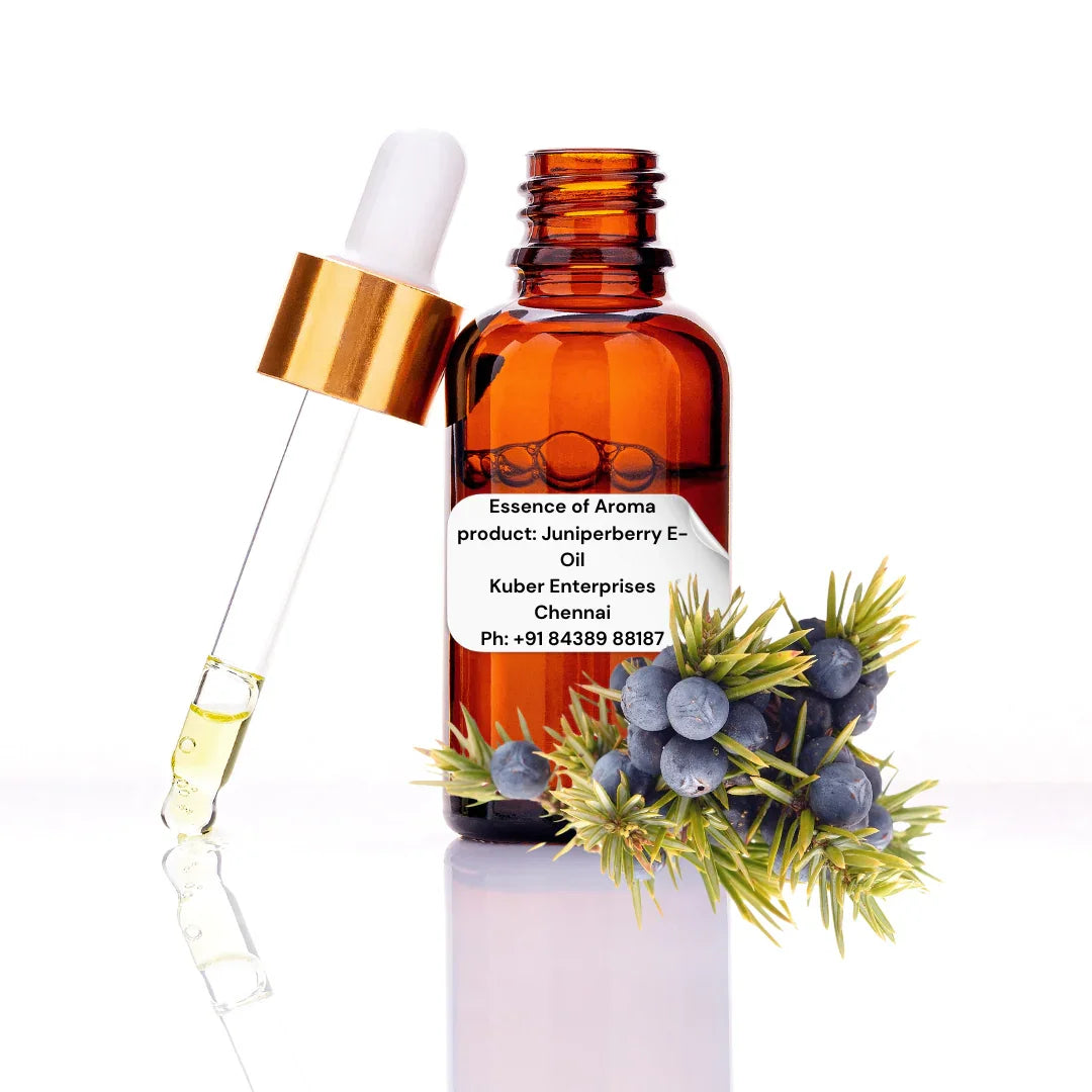 juniper berry essential oil bottle with dropper and juniper berries on a white background