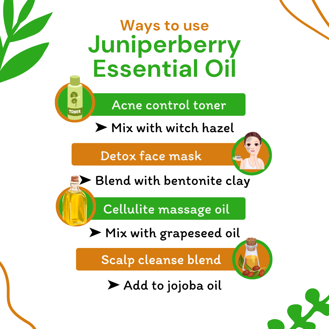Infographic on ways to use juniperberry essential oil with icons and text.