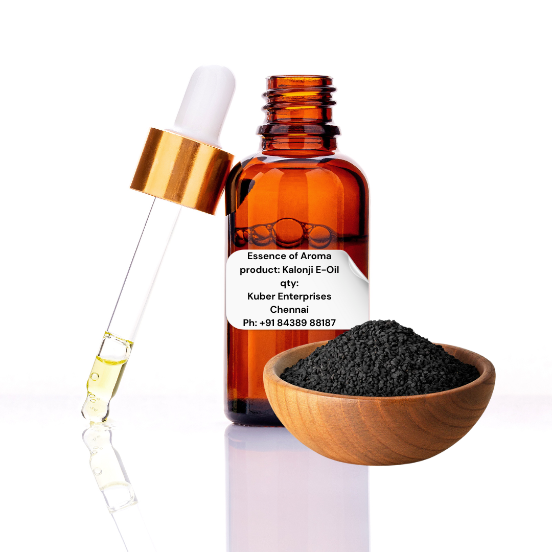Bottle of kalonji Essential Oil with a dropper and a bowl of black seeds on a white background
