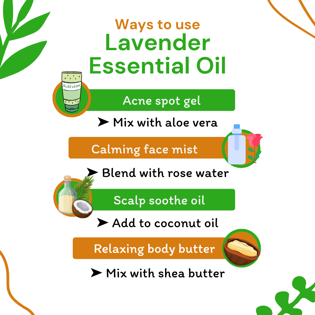 Infographic on ways to use lavender essential oil with icons and text.