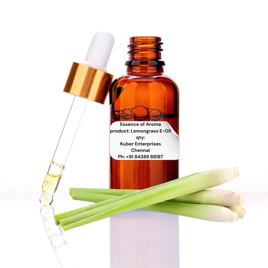 lemongrass essential oil bottle with dropper and lemongrass stalks on a white background