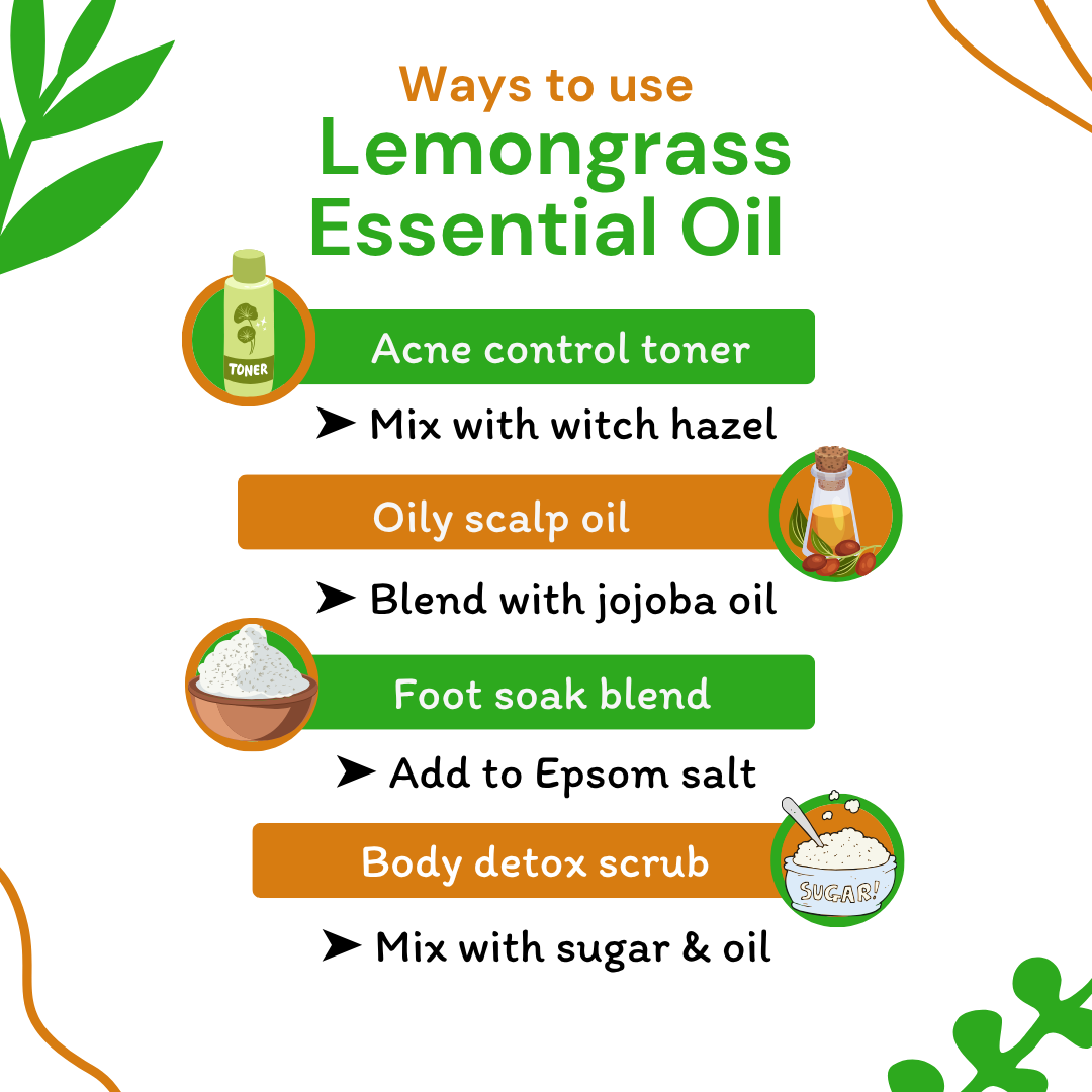 Infographic on ways to use lemongrass essential oil with icons and text.