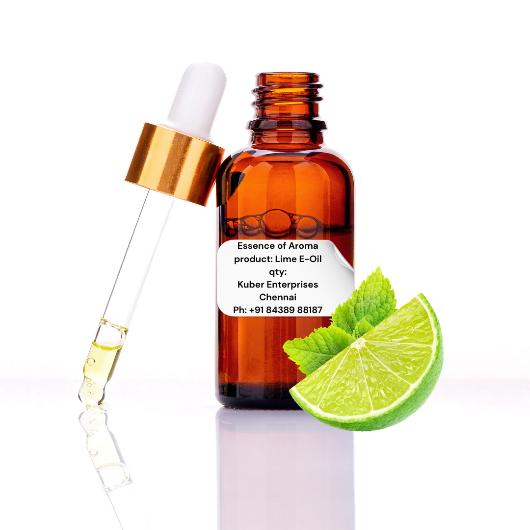 lime essential oil bottle with dropper and lime wedge on a white background