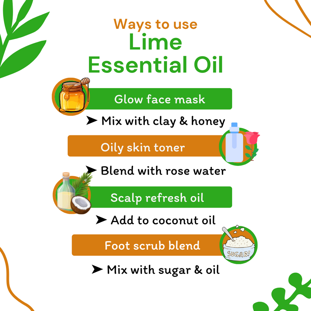 Infographic on ways to use lime essential oil with icons and text.