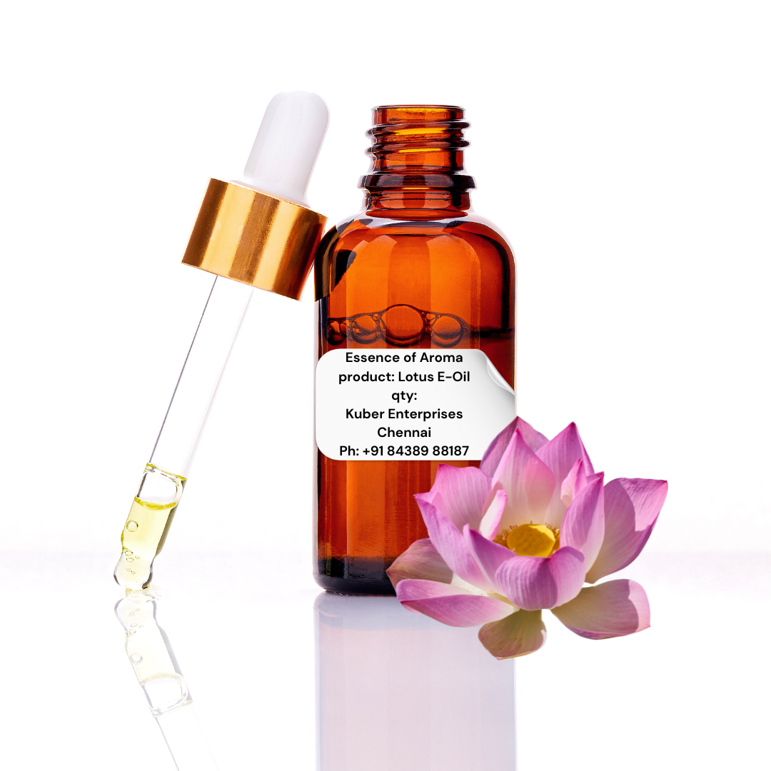 lotus essential oil bottle with dropper and pink lotus flower on a white background