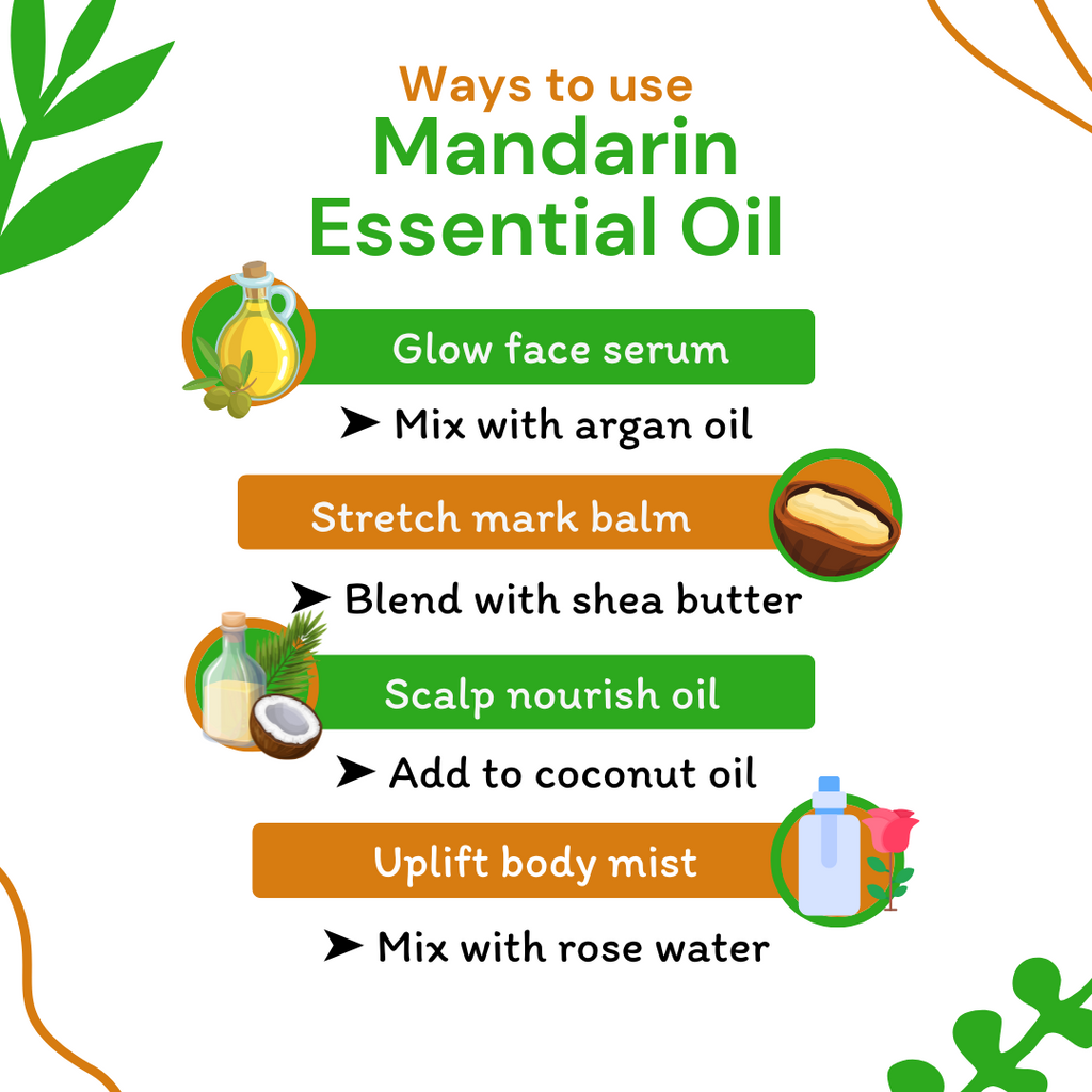 Infographic on ways to use Mandarin Essential Oil with icons and text.