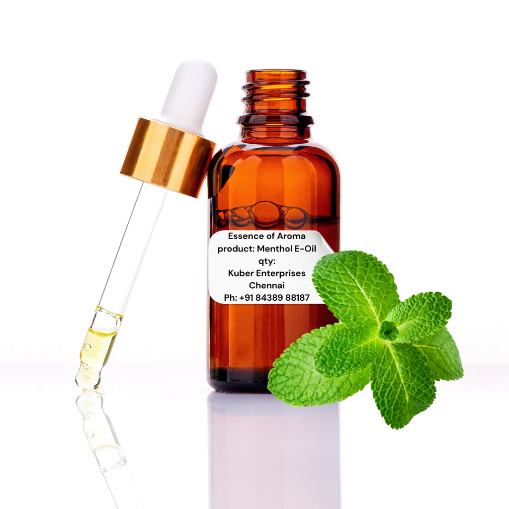 menthol essential oil bottle with dropper and mint leaves on a white background