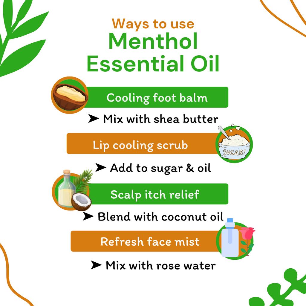 Infographic on ways to use menthol essential oil with icons and text.