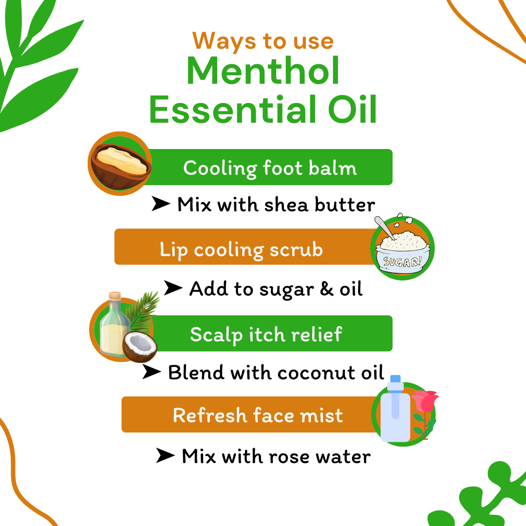 Infographic on ways to use menthol essential oil with icons and text.