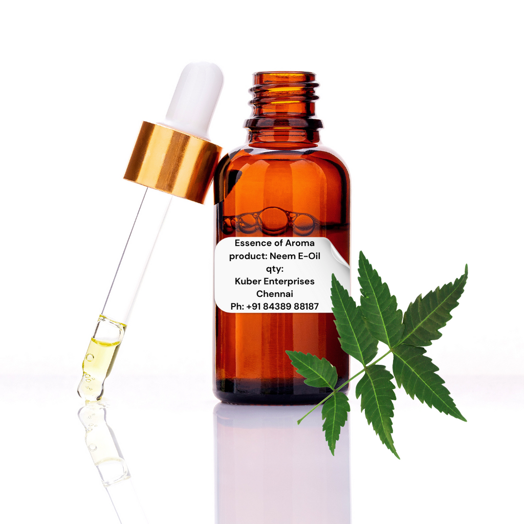 neem essential oil bottle with dropper and neem leaf on a white background